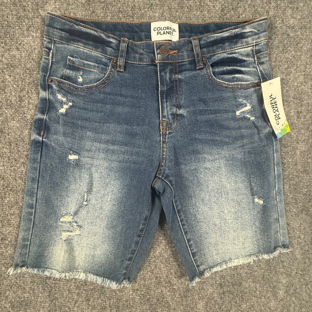 Colorful Planet Denim Shorts Distressed Frayed Hem Casual Blue Kids 14 Festival